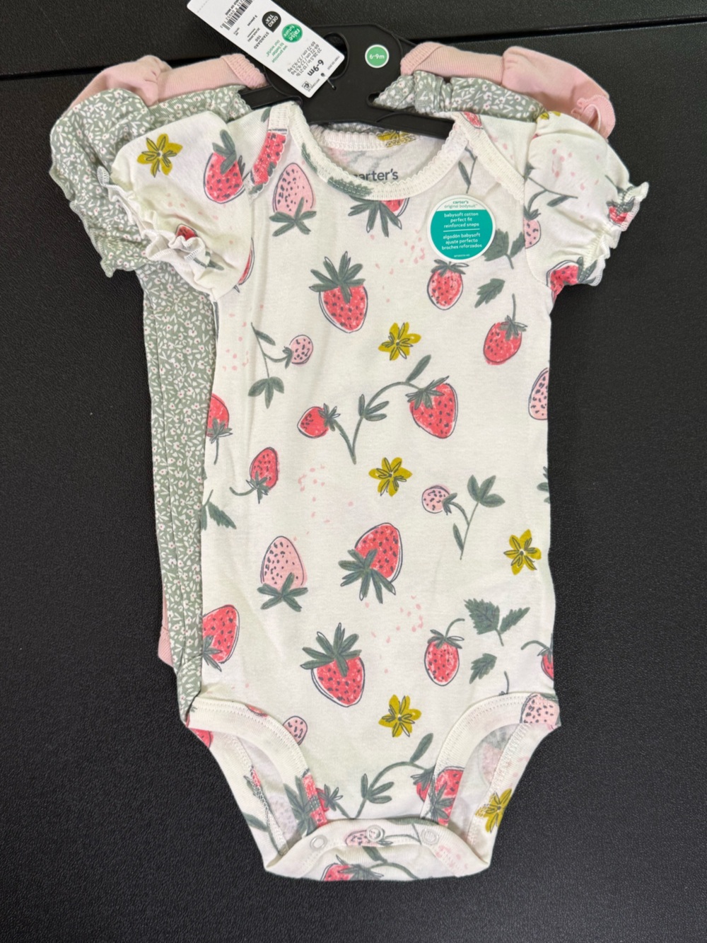 6-9m Carter's Baby Girls Strawberry Print One-Piece Bodysuit - White/Pink 3 pack
